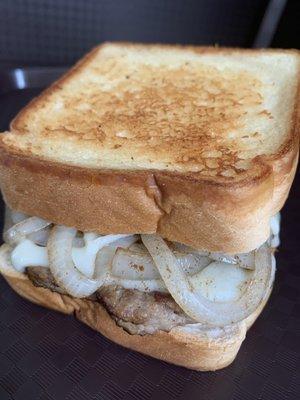 PATTY MELT-Loaded with Grilled Onion, Double Swiss Cheese and Secret Sauce sandwiched between grilled Texas Toast.