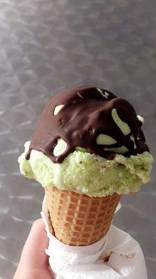 Small pistachio ice cream with fudge on top