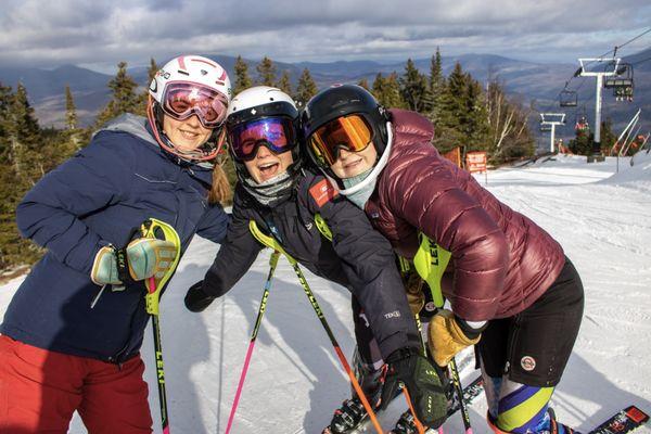 Gould Academy alpine skiers in between runs at Sunday River