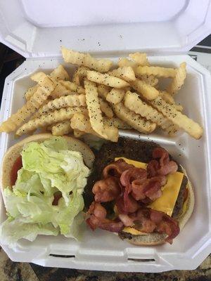 Bacon cheeseburger with fries