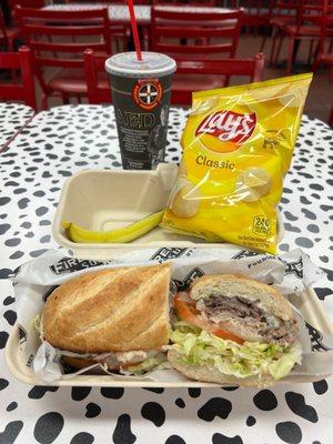 Medium Hook & Ladder (free with coupon) [subbed ham for roast beef] with Chips & Drink Combo (~$3)