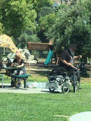 Homeless have taken over the park. Sleeping in bathrooms and their pets roam wild throughout the park. Trash and filth everywhere.