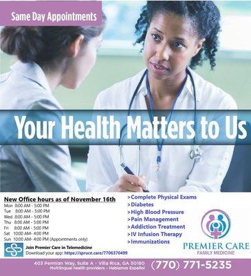 Premier Care Family Medicine - New Office Hours