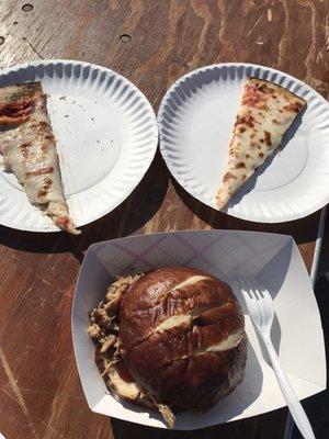 Pizza (cut in half) and pulled pork sandwich