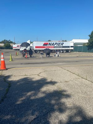 Napier truck driving school, students and trucks.