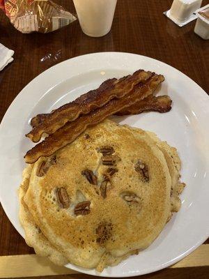 Pecan pancake breakfast with bacon