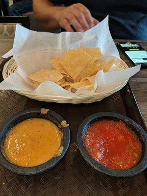 Spicy habanero sauce on the left and house salsa on the right (not hot). Both are very good.