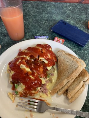 Ham, cheese, mushroom, pepper and onion omelette