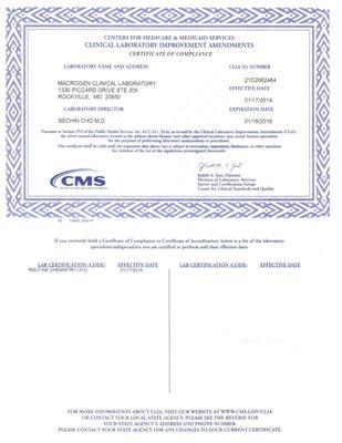 Macrogen's CLIA Certification from 2014 to 2016