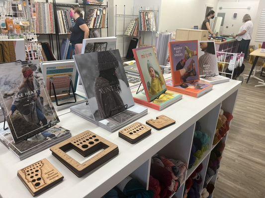 Knitting books and notions on display