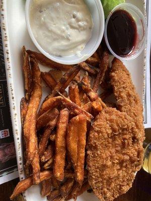 Fish and chips with sweet potato fries