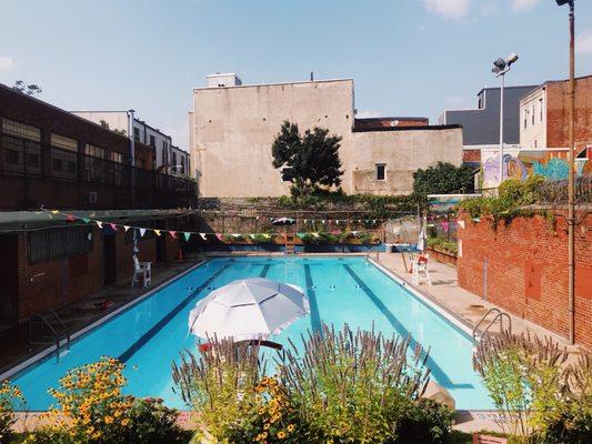 Pool as seen from the cement bleachers. Playground to the right. Restrooms to the left. Nice enough bit of greenery.