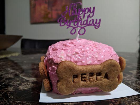 4" Peanut butter birthday cake with 4 personalized name bones