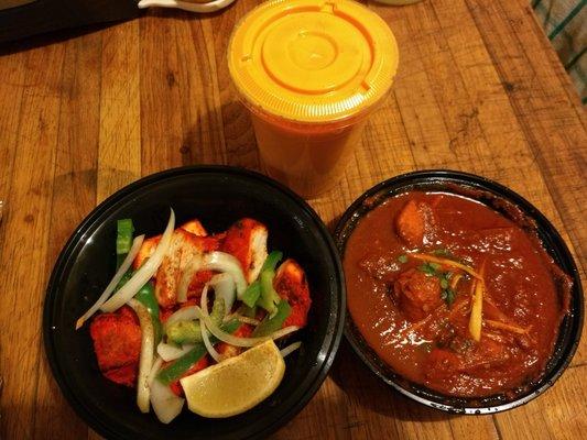 Chicken tikka, mango lassi and extra spicy vindaloo--the best in Chelsea!!