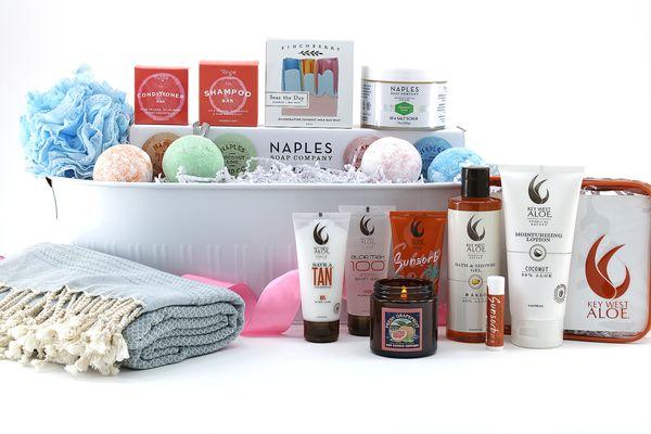 One of our popular spa gift baskets filled with assorted Florida-made products