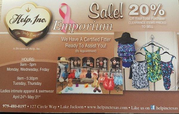 DON'T MISS OUT ON OUR MAY EMPORIUM SALE!
 WE HAVE ALL SIZES IN STOCK ~ STOP BY & VISIT US TODAY. 
 OPEN UNTIL 5:30pm TUESDAY & THURSDAY.