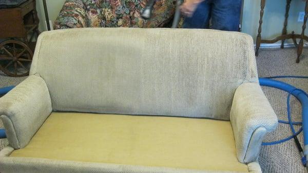 Before and after the couch was cleaned by High Performance. Thanks for doing such a great job!