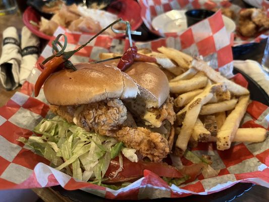 Crisp Chicken Sandwich with fries and deli pickle.