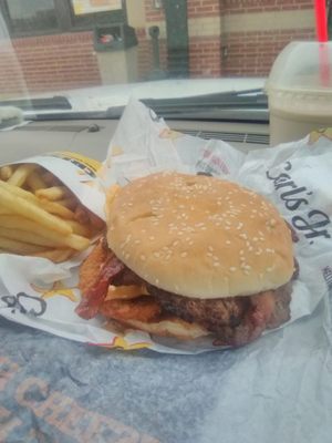 Western bacon cheeseburger, fries and a chocolate shake