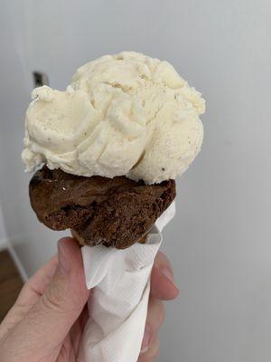 Vanilla bean and Bavarian chocolate on a sugar cone. So good.