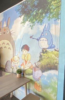 The Totoro art wall , you can't see it but right next to it are the Polaroids!