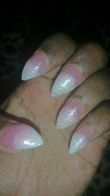 Pink and white ombre short stiletto nails...