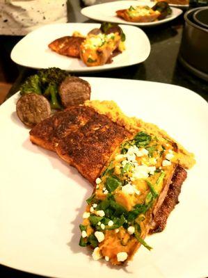 Salmon Dinner With Roasted Veggies And Sweet Potato With Feta And Spanich.