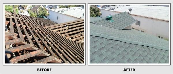 Apartment building in Los Angeles had open sheathing closed using plywood to install GAF HD shingles.