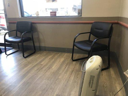 Jan. 2021- Social distancing chairs in the wait area and there's a space heater for the cold weather.