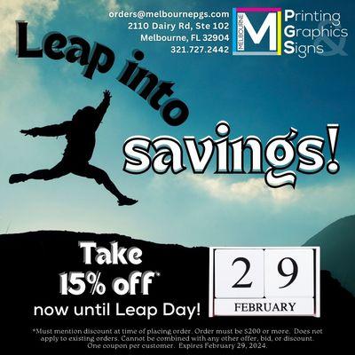 Leap into Savings for Leap Day!
Take 15% off* your next order!