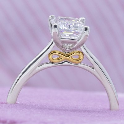 14K White Gold Colorless Emerald Cut Moissanite Solitaire Engagement Ring With 14K Yellow Gold Infinity