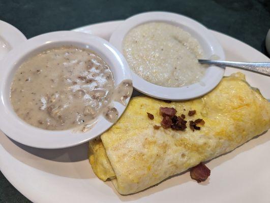 bacon omelette w biscuits/gravy and grits