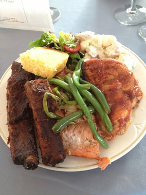 Food provided at wedding. Ribs, salmon, chicken, salad, cornbread, potato salad, and green bean asparagus medley. I'm fat.