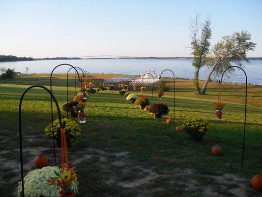 View from the building down to the rivers edge - October wedding