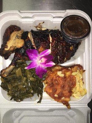 Jerk Chicken Mac&Cheese Greens