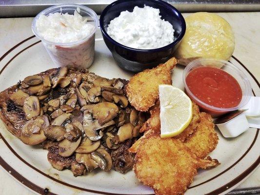 Surf + Turf! 8oz or 12oz of hand-cut ribeye, 5 deed fried shrimp, and your choice of side!