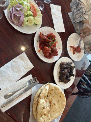 Beef Behari Kabab, Plain Naan, salad and Chicken Lollipop Drumsticks