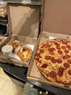 Pepperoni Pizza and a Cabrera's Calzone