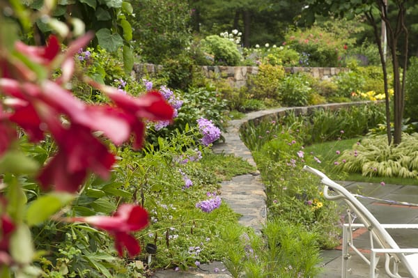 View of terraced garden created for clients in Needham, MA.