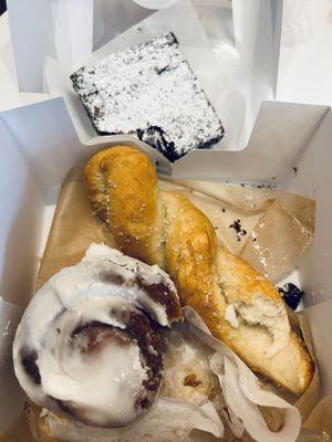 Cinnamon roll, salty pretzel twist, brownie