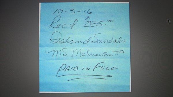 Island Sandals receipt written by Michael on a Post-it Note.  No name given.  I had to get Michael to add the words "Paid in Full".