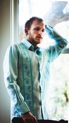 Love this aqua linen men's shirt and the model!