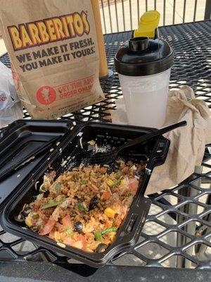 Post gym burrito bowl on patio