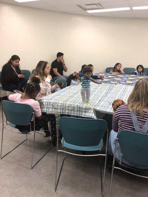 Big round table where all the girls sat and did their craft