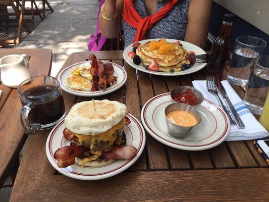 The breakfast burger and sourdough pancakes