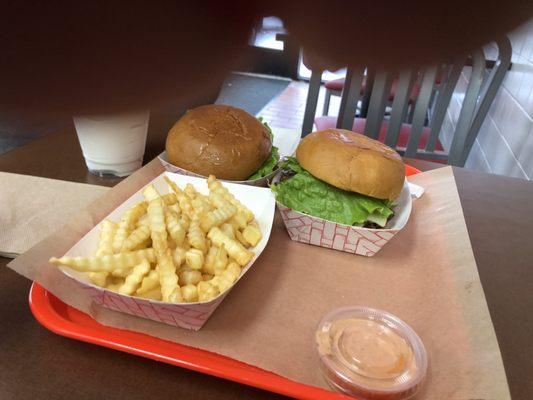 Burger and fries. Vanilla shake. Very good