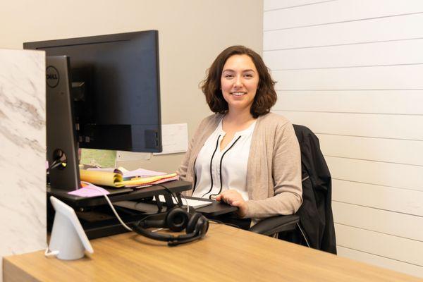 This is Sarah, our Greenville Office Administrator! She is here to greet our guests at the front desk from Monday-Friday from 8:30am-5pm!