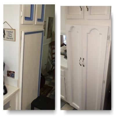 Before and after, Custom cabinet doors to match the rest of kitchen. High gloss white.