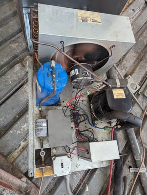 This condensing unit are replaced the condenser fan motor repaire to leak in the evaporator coil and recharge the system with r22