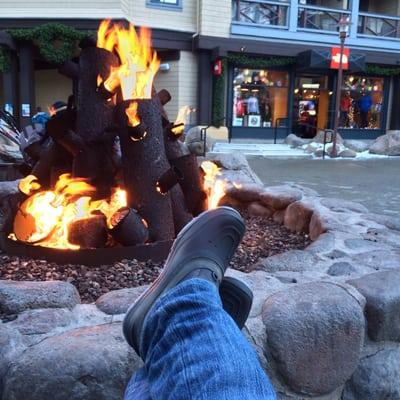 Fire pit right outside with my new snow boots from the North Face!